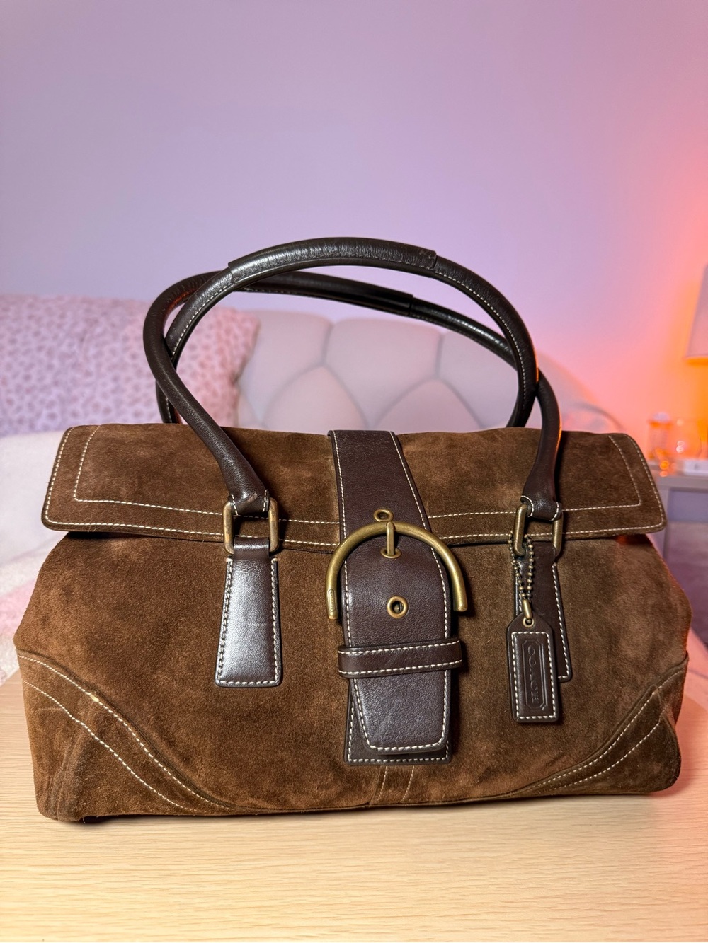 Vintage Coach 9307 Brown Suede Satchel with Dark Brown Leather Trim